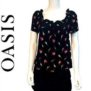 OASIS NWT Rose/Black Print short sleeve elastic ruffled neck viscose breathes 12
